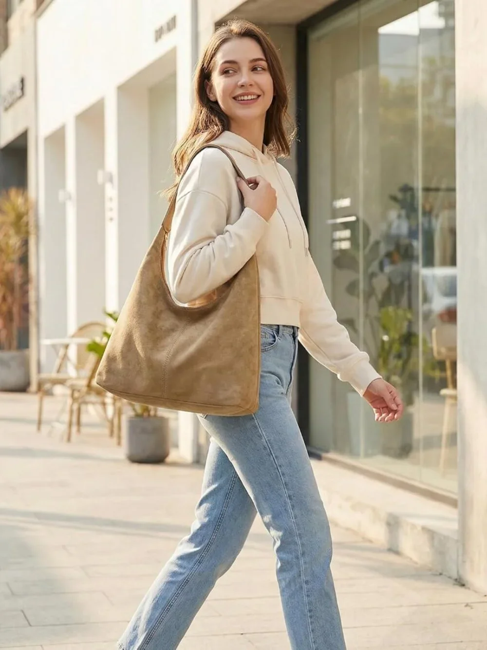 Slouchy Suede Hobo bag for Women Casual Shoulder Bag Soft Cresent Tote Purse Han